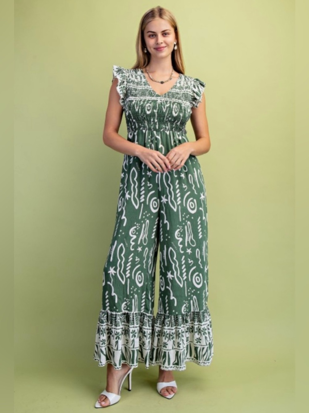 Green Matcha Mixed Printed V-Neck Smocked Flutter Sleeve Jumpsuit
